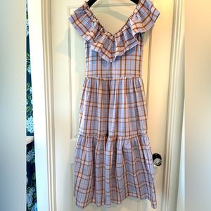 English Factory Light Blue Plaid Midi Dress with Ruffle Neckline Size XS